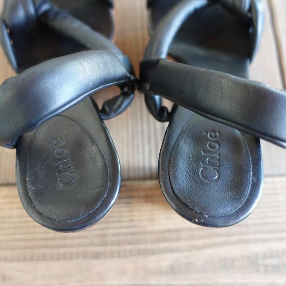 Chloe Platform Shoes 41 Black Tan Leather Wood Block High Heels Boho 70s Italy - Picture 4 of 10